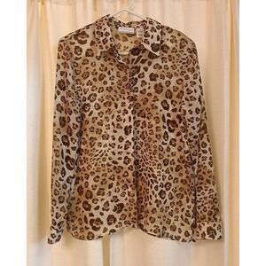Alfred Dunner Tan Brown Collared Button Up Leopard Print Long Sleeve‎ Top Sz 10P